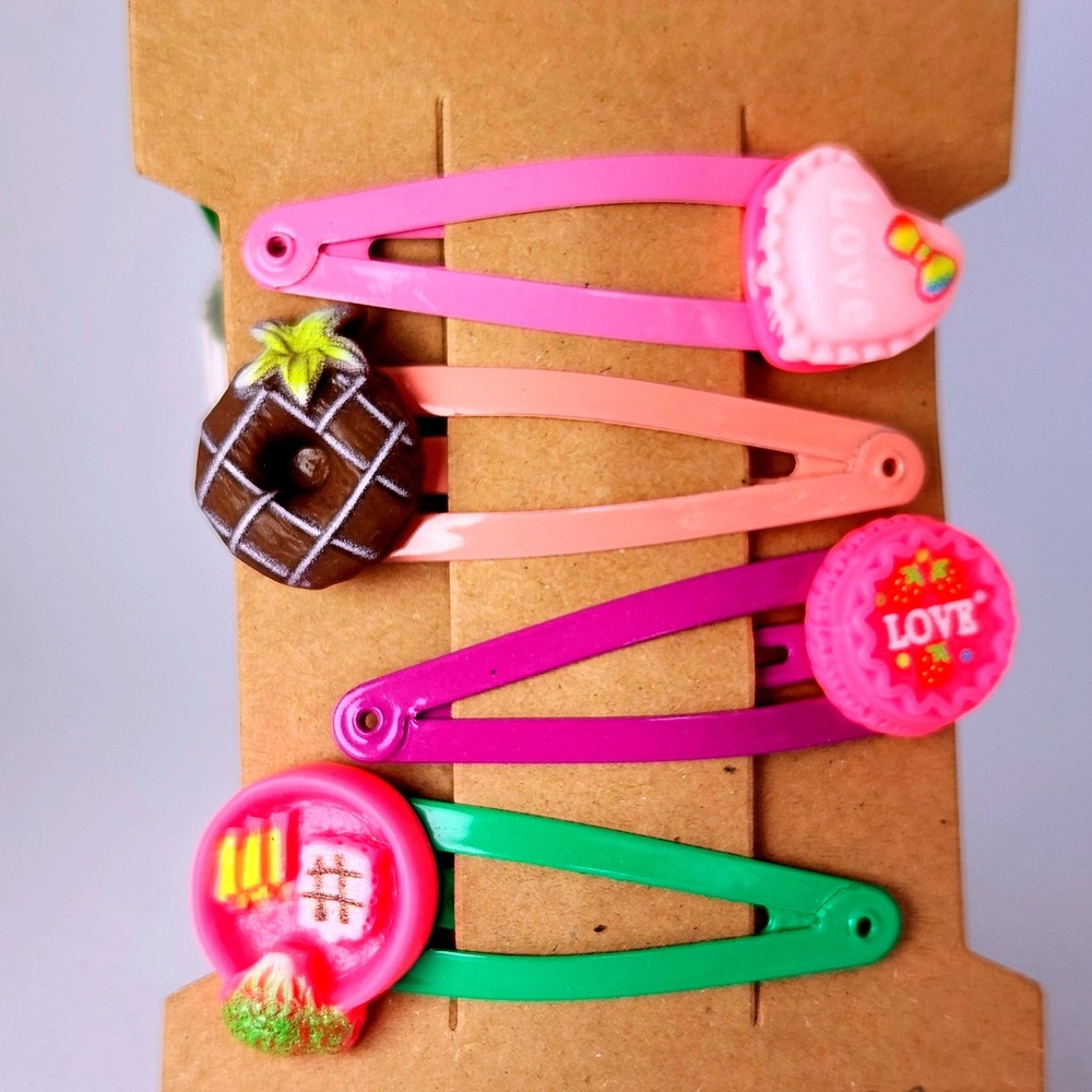 4Pc Food & Heart Resin Charm Snap Hair Clips Multicolor Y2K Kid core Set 2" Each